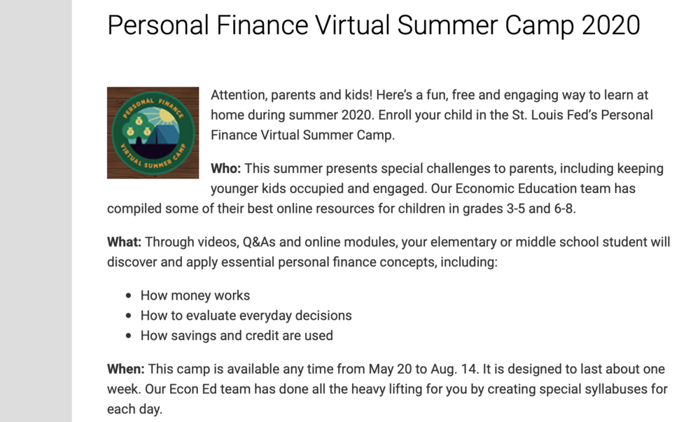 Personal Finance Virtual Summer Camp